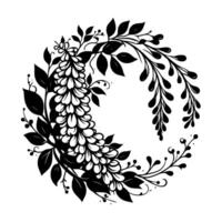 Black and white floral wreath with wisteria, leaves, and berries, circular on white background. vector