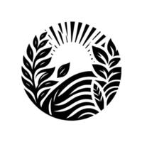 Minimalist black and white circular emblem with stylized sunburst rays, foliage, and layered landscape silhouette. vector