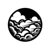 Monochromatic cloudscape within a circle black and white abstract featuring layered clouds, evoking a sense of calm. vector
