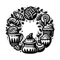Intricate black and white circular illustration baking, knitting, and teatime delights, in decorative arrangement. vector