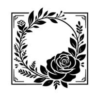A minimalist black and white illustration of a rose and botanical elements arranged in a circular frame within a square border. vector