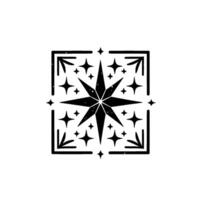 Of a symmetrical eightpointed star inside a square frame with smaller stars, minimalist, monochrome design. vector