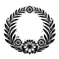 Elegant monochrome floral wreath design, featuring leaves and daisylike blossoms, forming a circular frame on a white backdrop. vector