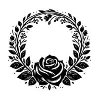 Intricate black and white floral wreath with a large rose, botanical design, elegant and symbolic aesthetic vector