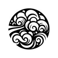 Abstract black and white circular featuring swirling, stylized waves and wind, evoking a sense of motion and serenity. vector