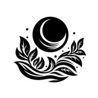 Artistic black and white illustration featuring crescent moon, leaves and stylized floral branches, creating a symmetrical and decorative design. vector