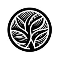 Symbolic monochromatic circular illustration of a tree silhouette with flowing lines and intricate leaf patterns, set against a stark white background. vector