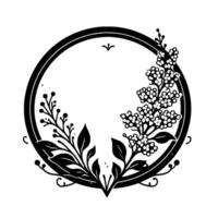 Elegant black and white circular floral with leaves and berries, creating a decorative frame, clean and minimalist aesthetic. vector