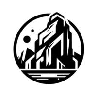 Geometric blackandwhite stylized mountain landscape emblem with sun, moon, and lake, set inside a circular frame. vector