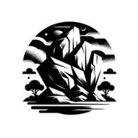 Monochrome mountain vista bold geometric landscape illustration with a crescent moon, dotted clouds, trees, and reflective water. vector