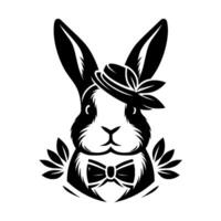 A stylized black and white illustration of a dapper rabbit wearing a hat, bow tie, and leaf accents, conveying a sense of charm and whimsy. vector