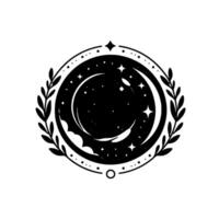 Celestial emblem a black and white illustration of crescent moon, stars, and foliage within a circular design. vector