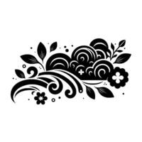 Elegant monochrome floral design swirling lines, leaves, petals, and cloudlike shapes in black white, forming a harmonious pattern vector