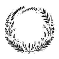 Minimalist black and white circular floral wreath design, delicate botanical elements, clean aesthetic, isolated on white, decorative frame. vector