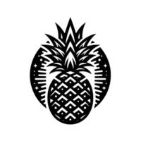 Stylized black and white illustration of a pineapple encompassed by a circular with starburstlike elements. vector