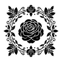 Intricate black and white rose floral in square frame, symmetric composition with detailed petals and foliage, aesthetic pattern. vector