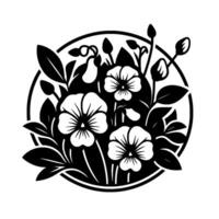 Intricate monochrome floral of petunia flowers and foliage, enclosed in a circular frame, rendered with bold lines and stark contrast. vector