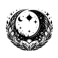 Celestial crescent moon, adorned with stars and foliage, mystical forest silhouette inside a decorative black and white emblem. vector
