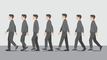 Animation of a man in dark shirt with one hand in pocket walking in side view showing the step cycle sequence vector