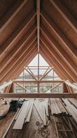 The inside of a wooden attic with wood framing photo