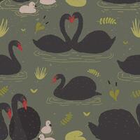 Seamless pattern with black swans and brood of cygnets floating in pond or lake among water plants. Backdrop with wild birds or waterfowl. Flat colorful cartoon illustration for textile print vector