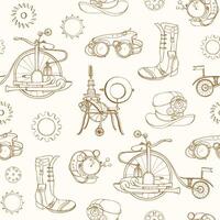 Monochrome seamless pattern with steampunk attributes and apparel hand drawn with contour lines on light background. Backdrop with steam powered machines. Realistic illustration for wallpaper vector