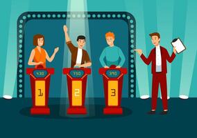 TV game show with three participants answering questions or solving puzzles and host. Smiling men and women participate in television quiz. Colorful illustration in flat cartoon style vector