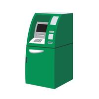 Modern green ATM or automated teller machine isolated on white background. Electronic device for financial transactions, cash withdrawal, money transfer. illustration in flat cartoon style vector