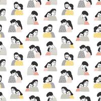Seamless pattern with people in love. Backdrop with cute cuddling romantic couples or hugging men and women on white background. Hand drawn illustration for textile print, wrapping paper vector