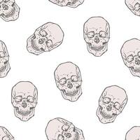 Seamless pattern with realistic human skulls on white background. Backdrop with dead heads or headbones. Monochrome illustration for wrapping paper, Halloween wallpaper, fabric print vector