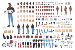 African American delivery boy constructor. Collection of male character body parts in different postures, uniform isolated on white background. Front, side and back views. Cartoon illustration vector