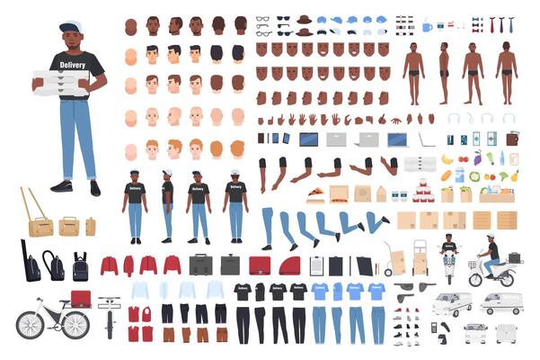 African American delivery boy constructor. Collection of male character body parts in different postures, uniform isolated on white background. Front, side and back views. Cartoon illustration