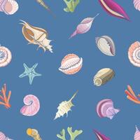 Elegant seamless pattern with seashells or shells of molluscs on blue background. Backdrop with sea or ocean fauna. Realistic hand drawn illustration for wrapping paper, textile print vector