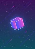 Abstract vertical backdrop with glowing gradient colored cube and its outline against gorgeous night sky full of stars or outer space on background. illustration in contemporary art style vector