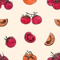 Natural seamless pattern with sliced and whole red tomatoes on light background. Backdrop with healthy fresh raw vegetarian food. illustration for fabric print, wrapping paper, wallpaper vector