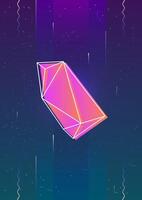 Vertical backdrop with glowing bright colored flying faceted stone or crystal and its outline against outer space with stars on background. Colorful illustration in cool modern style vector
