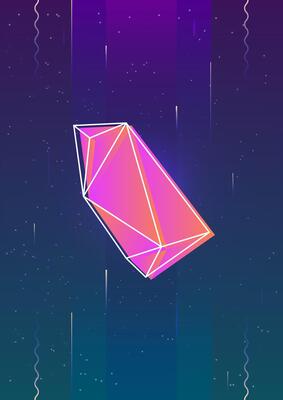Vertical backdrop with glowing bright colored flying faceted stone or crystal and its outline against outer space with stars on background. Colorful illustration in cool modern style