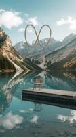 A chair sitting on a dock with a lake in the background photo