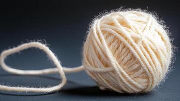 small, neatly wound wool yarn ball with loose strand on dark surface photo