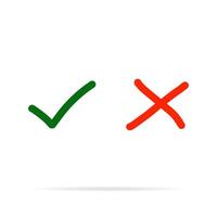Hand drawn tick and x icons set. Stylish check mark icon set in green and red color, illustration. True and False symbols accept rejected for evaluation. vector