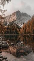 A mountain lake surrounded by trees and rocks photo
