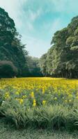 A field of yellow flowers in the middle of a forest photo