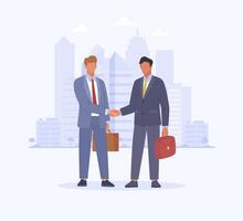 Partnership in business. Two men in suits shaking hands on the city background. Business concept of concluding contract, teamwork. Illustration in cartoon flat style vector