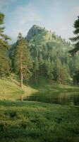 A green field with trees and a lake photo