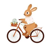 Easter rabbit on a bicycle with a basket and egg, surrounded by spring flowers. Flat illustration. vector