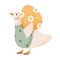 Easter goose and pastel egg with spring flowers. Easter illustration with cute bird and decorative egg. vector