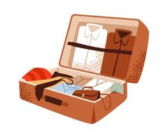 Suitcase with travel accessories. A sleek suitcase with a tie and travel essentials like clothes and a carryon bag. Flat illustration. vector