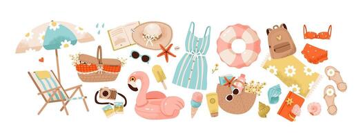 Summer set. Summer time weekend and travel with a beach chair, inflatable flamingo and picnic basket. Summer vacation with a beach umbrella, sunglasses, and ice cream. Flat illustration set. vector