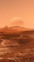 An alien landscape with a red planet in the background photo