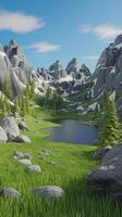 A 3d rendering of a mountain landscape with a lake and trees photo